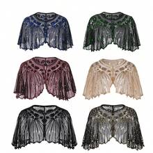 Kravon Evening Party Dress For Women, Vintage Sequin Hollow Cape Stage Dress With Lace Shawl - Màu be - Xem 2