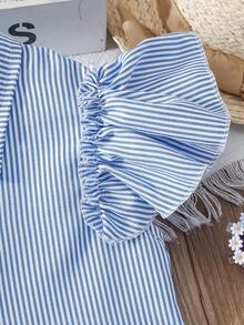 女童休闲无袖条纹及膝连衣裙，带领子和喇叭袖，适合夏季日常穿着 - 淺藍色 - 查看 4