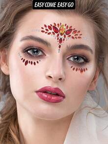 1sheet Face Gem Stickers, Acrylic Gems Stickers, Self-Adhesive Rhinestone Sticker For Party, Club,Halloween, Festival Face Decorations - Red - View 3