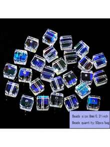 50pcs/Bag AB Cube Glass Beads, Faceted Square Glass Beads Transparent Spacer Beads For Jewelry Making DIY Craft Supplies - Multicolor - View 11