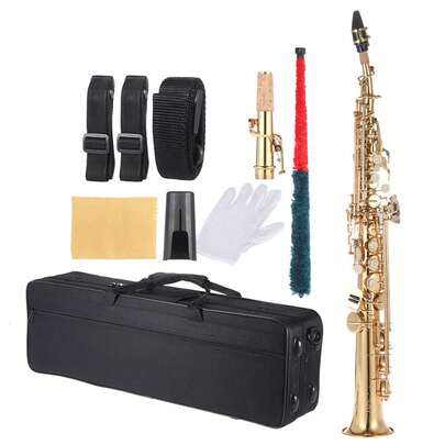 Brass Soprano Straight-Tube Saxophone, B-Flat Key, With Engraved Body And Natural Mother-Of-Pearl Keys.