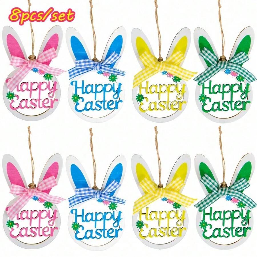 8/12-Piece Easter Bunny Tree Ornaments | Wooden Hanging Rabbit Decor With Plaid Bow + String -- Delicate Spring Hanging Decor, Spring Home Accents, Garden / Easter Tree Ornaments, Home & Garden Holiday Decorations, Wall Branch Gift Egg Basket Hanging Decor, Festive Arrangement Accessories. - Grey - View 1