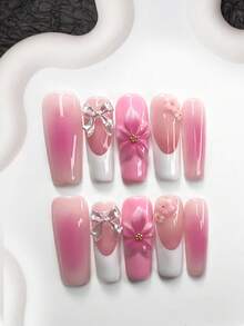 10片甜美少女风美甲贴纸，凝胶美甲套装，半透明粉色渐变腮红美甲装饰，手工渐变五瓣粉色花朵，闪亮白色蝴蝶结，粉白五瓣花美甲配件，优雅简约美甲风格，白色指甲油，精致礼品美甲用品 - 彩色 - 查看 14