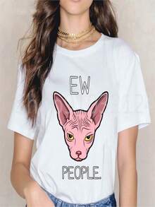 COOL SUMMER Sphynx Cats T-Shirts Printed Cartoon Cat T Shirts Funny Short SLeesve Female Tops Tees Harajuku Vintage Women's T-Shirt Clothing - 白色 - 查看 1