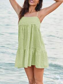 Women's Summer Plaid Mini Dress Spaghetti Strap Sleeveless A-Line Casual Beach Sundress With Pockets - 綠色 - 查看 3