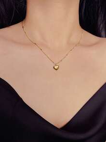 1pc Fashionable Stainless Steel Heart Charm Necklace For Women, Great For Daily Decoration - Gold - View 2