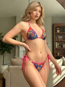 Conjunto de ropa de playa con estampado floral casual, con cordón y nudo en la espalda, adecuado para vacaciones de verano, escenario y concierto - Multicolor - Ver 1