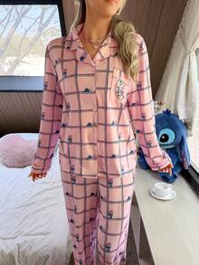 Disney Stitch Print Patchwork Pajama Set - Multicolor - View 4