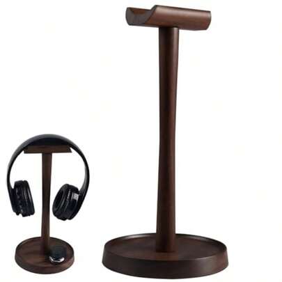Soporte para auriculares de madera para Deak universal con base Storgae organizador de computadora hecho a mano para auriculares de juego nogal negro