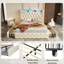 Upholstered Bed 140x190 Cm With LED Lighting And USB Socket, Headboard With Shelves And Storage Space, Flat Double Bed With 4 Drawers, Velvet. - White - View 5
