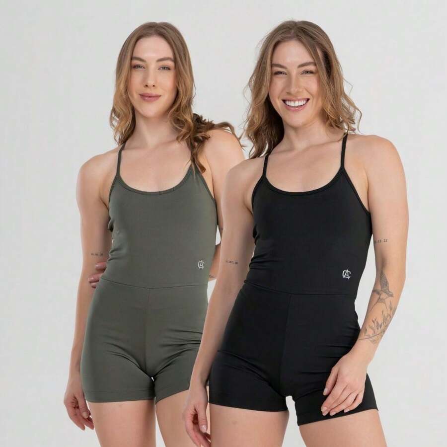 Set Of 2 Fitness Jumpsuits, Backless, Zero Transparency, For Gym, Crossfit - Black + Military - View 1
