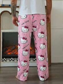 1pc Men's Casual Black Bottom Hello Kitty Pajama Pants, Sanrio Straight Leg Anime Costume, Autumn/Winter - Watermelon Pink - View 5