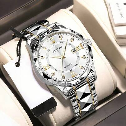 1件商务休闲风格不锈钢表带表壳罗马数字石英表，带日历功能，适合作为周年纪念日、生日、毕业礼物以及其他送给男孩的最佳节日礼物。