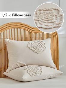 半件装波西米亚风枕套，乡村风卡其色花朵簇绒纹理枕套，适用于卧室、沙发、长椅等，柔软透气，可机洗，四季皆宜，不含枕芯 - 卡其色 - 查看 1