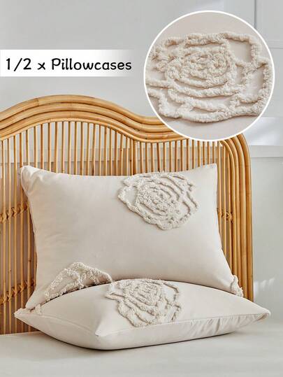 半件装波西米亚风枕套，乡村风卡其色花朵簇绒纹理枕套，适用于卧室、沙发、长椅等，柔软透气，可机洗，四季皆宜，不含枕芯