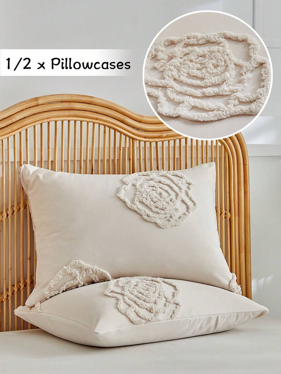 半件装波西米亚风枕套，乡村风卡其色花朵簇绒纹理枕套，适用于卧室、沙发、长椅等，柔软透气，可机洗，四季皆宜，不含枕芯 - 卡其色 - 查看 1