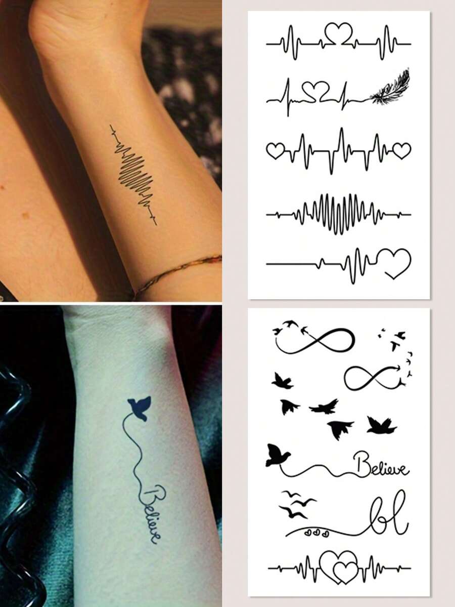 2pcs Temporary Tattoo Stickers - Waterproof Body Art With Heart, Feather, EKG And Music Note Designs, Suitable For Wrist And Arm - Unisex Reusable Body Jewelry, Minimalist Tattoo Design - Black - View 1