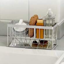 1pc Heavy-Duty Stainless Steel Kitchen Sink Sponge Holder With Tilted Auto-Drain Tray & Dishcloth Hanging Bar - Multipurpose Countertop Organizer For Soap, Brush & Accessories,Neat & Clean Countertop Storage For Kitchen & Bathroom - 黑銀色 - 查看 3