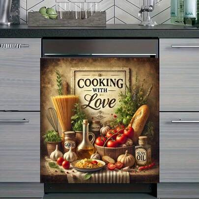 2D 洗碗机门贴纸 - “用心烹饪”厨房场景，以生动的食物和香草设计为特色，易于清洁，可重复使用，耐刮擦且耐用的 PVC 材料，适用于洗碗机和冰箱，非常适合节日装饰，洗碗机盖装饰贴纸。