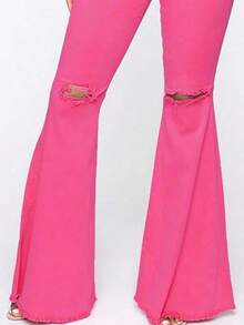 Pantalón acampanado rosa neón con diseño roto y corte acampanado atrevido y juvenil, adecuado para mujer Ropa de mujer de moda cintura alta, temperamento americano, diseño de personalidad, rodillas rotas, pelo rizado, pantalones vaqueros de campana, pantalones ajustados elásticos, pantalones delgados - Rosa Fucsia - Ver 5