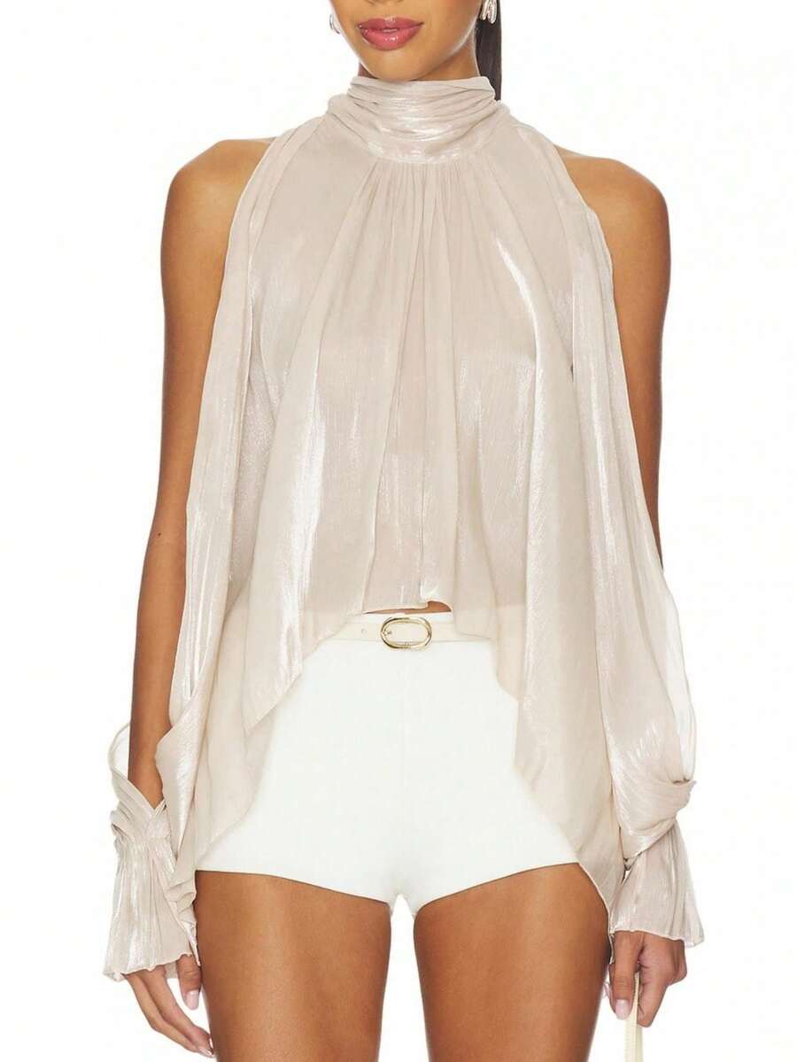Women Halter Tank Tops High Neck Smocked Long Sleeve Ruched Sequined Blouse Shirt For Party Holiday - Rượu sâm banh - Xem 1