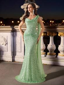 Elisanya Rückenfreies romantisches glamouröses Kleid mit Pailletten, sexy schlanke Passform Abendkleid für formelle Anlässe, Cocktailparty, Gastgeberin - Minzgrün - Übersicht 1