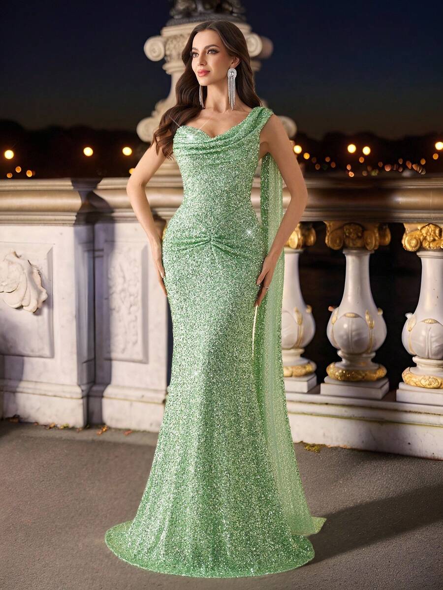 Elisanya Rückenfreies romantisches glamouröses Kleid mit Pailletten, sexy schlanke Passform Abendkleid für formelle Anlässe, Cocktailparty, Gastgeberin - Minzgrün - Übersicht 1