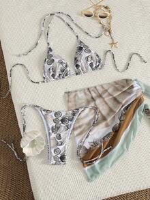Bộ bikini 3 mảnh dành cho nữ - Họa tiết thế giới đại dương với điểm nhấn vỏ sò, áo bikini tam giác, quần bikini buộc dây bên hông và váy che tam giác voan mỏng, trang phục đi biển mùa hè tươi mát. - Nhiều màu - Xem 1
