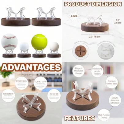 Set Of 2 Baseball Display Stands Walnut Wood Base With Clear Acrylic Support Baseball Holder Stand For Display Softball Stands Golf Ball Holder Tennis Ball Display Box For Memorabilia
