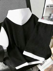 Set de 2 piezas de ropa deportiva casual para niños, conjunto de camiseta de manga corta con capucha y pantalones cortos con diseño de parche de waffle, para primavera/verano - Negro - Ver 9