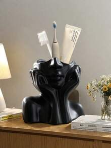 1pc Ceramic-Look Toothbrush Holder, Freestanding Storage Rack For Bathroom Countertop, Multi-Function Toothbrush & Toothpaste Organizer, Durable And Elegant Home Decor Accessory, Fashionable Bathroom Supplies - Multicolor - View 4