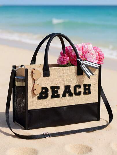 Beach Tote Bag With Black Towel Embroidery Letters 'beach' Beach Accessories Bag,Vacation Weekend Short Trip Travel Handbag,Multifunctional Portable Handbag,Personalized Gift Bag With Side Pockets, Portable Leisure Storage Handbag, With Large Capacity,Beach Bag,Suitable For Spring And Summer Beach Vacations And Outdoor Weddings, Birthdays, Festivals,Travel Essential,Ideal For Beach