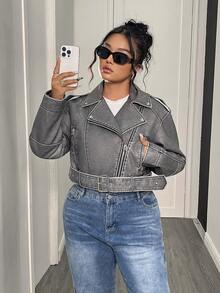 Women Plus Size PU Leather Short Jacket Vintage Dropped Shoulder Long Sleeve Coat With Belt - Grey - View 12
