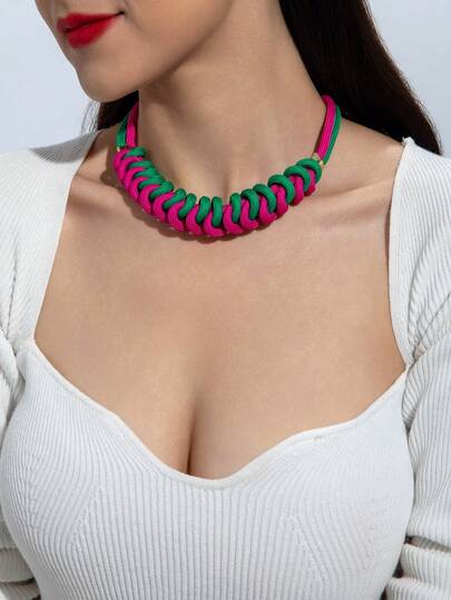 imoli 1pc Unique Knotted Design Polyester Choker Necklace, Handmade Adjustable Necklace For Women, Suitable For Daily Wear And As Gift