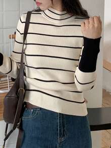 Women's Mock Neck Sweater, Fitted Knit Top, Versatile Layering Piece For Winter - Apricot - View 8