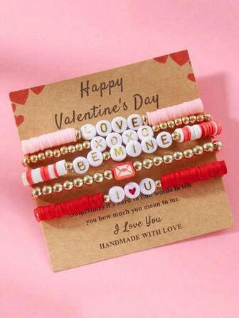5pcs Valentine's Day Bohemian-Style Off-The-Beaten-Path Red Soft Clay "Love" Letter Beaded Stacked Bracelet Set Is Perfect For Dates, Daily Gatherings, And Parties As A Holiday Gift