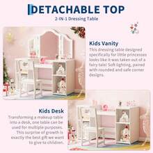 Juego de Mesa y Silla de Cambiador Princesa para niñas con Espejo triplegable, computadora de Cambiador con luz táctil con Almacenamiento y Silla de Respaldo Alto, Convertible a computadora - Blanco - Ver 5