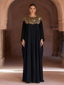 新款优雅宽松黑色长袍，带流苏蝙蝠袖 - 黑色 - 查看 6