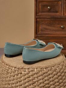 WHDXY 女士复古薄荷绿麂皮尖头鞋，配金属水钻搭扣，适合搭配连衣裙和裤子 - 薄荷綠 - 查看 4