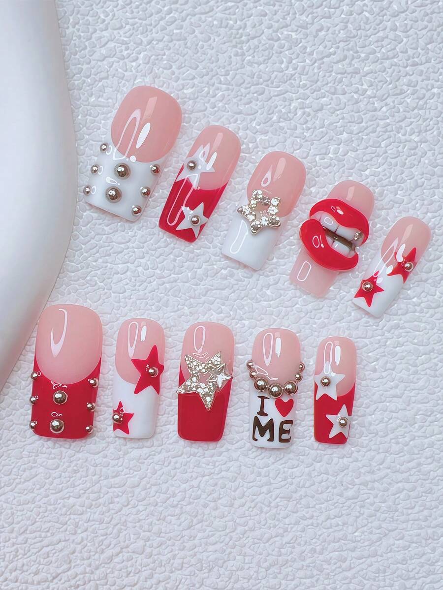 10片装Y2K风管状美甲贴片套装 - 手工制作，粉色美甲，红色美甲，红白法式美甲，手工3D嘴巴和牙齿图案设计，3D嘴巴美甲，手绘红色星星图案，闪亮水钻和银色星星装饰，精致优雅的美甲 - 派对和日常装扮的完美美甲用品 - 彩色 - 查看 1