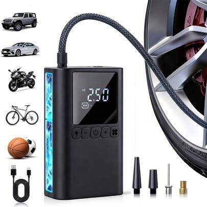 Portable Cordless Electric Air Pump, 150 Pound-Force/Square-Inch Tire Inflator And Lighting Device, Accurate Pressure Lcd Display, Multi-Functional Air Pump, Usb Charging, With Led Lights And Quick Inflate Function, Suitable For Portable Emergency Equipment Such As Bicycles Motorcycle And Car Balls, Great Gift For Dad, Boyfriend, Men (Black)