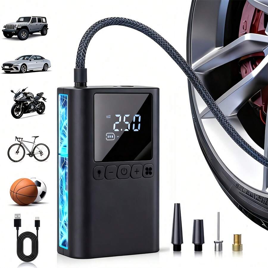 Portable Cordless Electric Air Pump, 150 Pound-Force/Square-Inch Tire Inflator And Lighting Device, Accurate Pressure Lcd Display, Multi-Functional Air Pump, Usb Charging, With Led Lights And Quick Inflate Function, Suitable For Portable Emergency Equipment Such As Bicycles Motorcycle And Car Balls, Great Gift For Dad, Boyfriend, Men (Black) - 均碼 - 查看 1