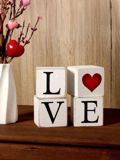 4pcs Heart-Shaped Wooden Blocks, Suitable For Farmhouse Decor, Holiday Theme Multi-Tier Tray Decor, No Electricity Needed, Applicable For Home Fireplace, Various Room Types, Valentine's Day And Wedding Decoration