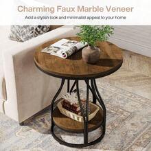 Runder Beistelltisch 2-Etagen Beistelltische Moderner Nachttisch Kleiner Couchtisch mit Stauraum für Sofaseite, Nachttisch mit Metallgestell für Wohnzimmer (1, +Schwarz) - Marron et noir - Voir 8