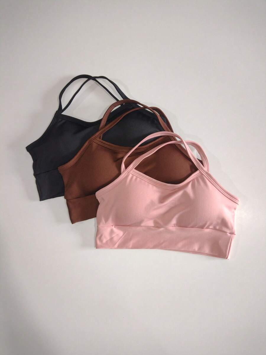 Set Of 3 Cropped Gym Tops With Thin Straps In An X-Shaped Design, Zero Transparency, With Removable Padding, Ref. 890 - Black Brown Rose - View 1