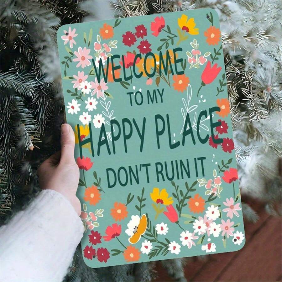 "Welcome To My Happy Place Don't Ruin It" Metal Tin Sign Wall Decor - 8x12 Inch Rustic Farmhouse Housewarming Gift, Durable Garage & Home Art With Minimalist White Text, Easy Mounting For Bedroom,, For Cave Decoration - 金屬噴漆 - 查看 1