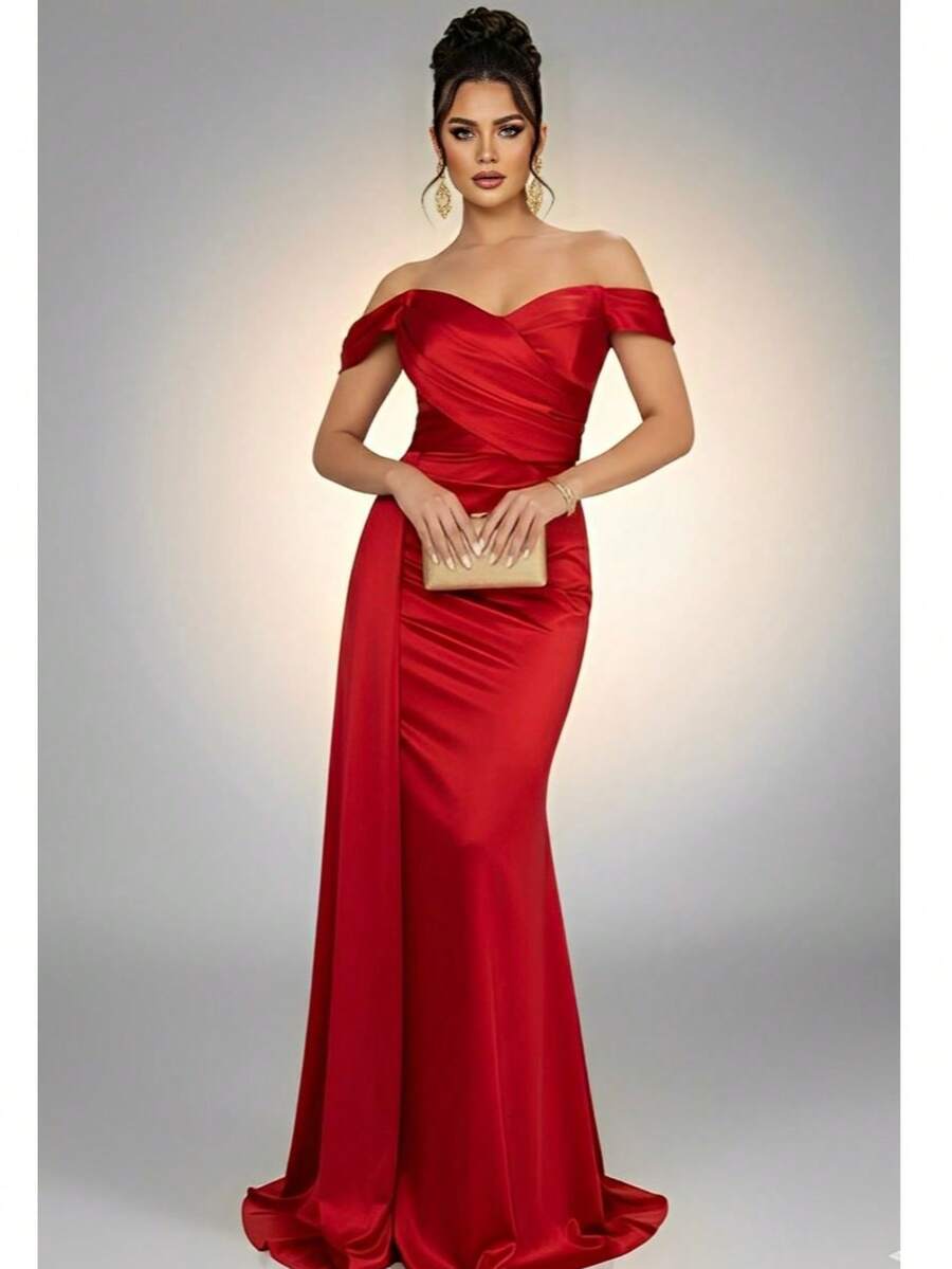Bridesmaid Dress For Graduation, 82-Piece Set, Suitable For Day And Night Wear, Luxurious Wrap Style, Satin Finish, Olive, Terracotta, Pink, Fuchsia, Lilac, Olive, Emerald Green, Or Rose. - Đỏ - Xem 1