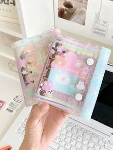 Cartoon Bear Transparent M5 Binder Set, Portable Binder Set, DIY Binder Set, Includes Stamps, Cute Stickers, Sticker Book Replacement Pages, Diary, Sticker Book, Notebook, Stamp Book, Scrapbook, Book, Stamp Book, Manual, Replaceable Transparent Inner Pages, K-Pop Photo Album, Made Of High Transparency PP Material - Multicolor - View 6