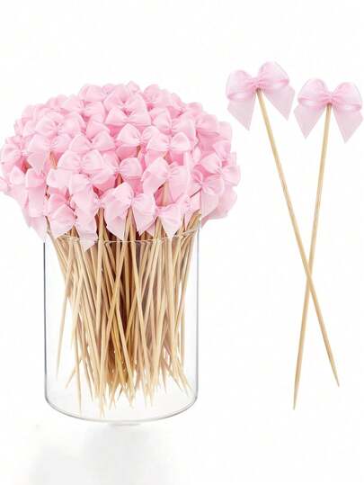 50/100 piezas Palillos decorativos con lazo de bambú, palillos de 12 cm de largo con lazo, decoración elegante para bodas, San Valentín, fiestas, cumpleaños de niñas, decoración de aperitivos, toppers de magdalenas con mariposas rosas, decoraciones de pasteles, charutería, frutas, pinchos para BBQ, suministros para fiestas de San Valentín, despedida de soltera, boda, cumpleaños, baby shower, fiesta con tema rosa, Halloween, decoraciones para eventos navideños