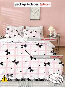 三件套透气涤纶蝴蝶结格子印花被套组（1个被套+2个枕套，不含被芯），少女主题床上用品套装，柔软舒适，适用于卧室、客房和宿舍。可选尺寸：特大号、大号、标准双人床、单人床。易拆卸，可机洗，四季皆宜。